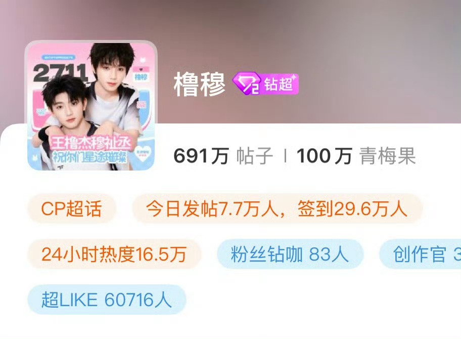 橹穆超话粉丝数破100w了，好🔥 