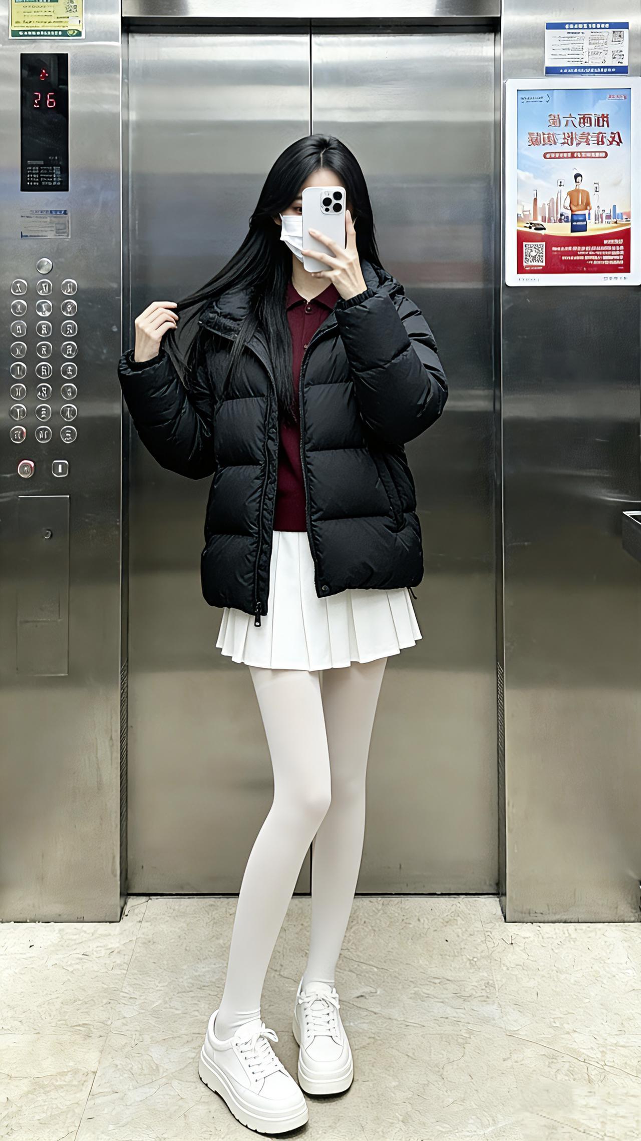 这种甜酷风你们爱了吗？黑羽绒服裹着暖乎乎的安全感，白百褶裙一摆又甜得清爽～穿搭 