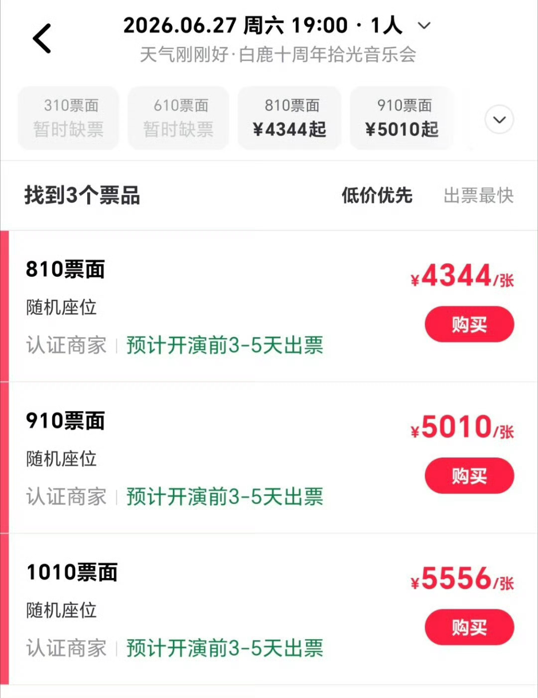 不是刚刚看还是四千多，现在怎么变五千多了？这代抢票溢价也太严重了吧！白鹿十周年拾