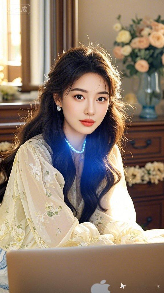 冷白皮如真丝莹润发光，着乳白印花飘带真丝雪纺上衣，微卷长发，精致眼妆，温和浅笑，