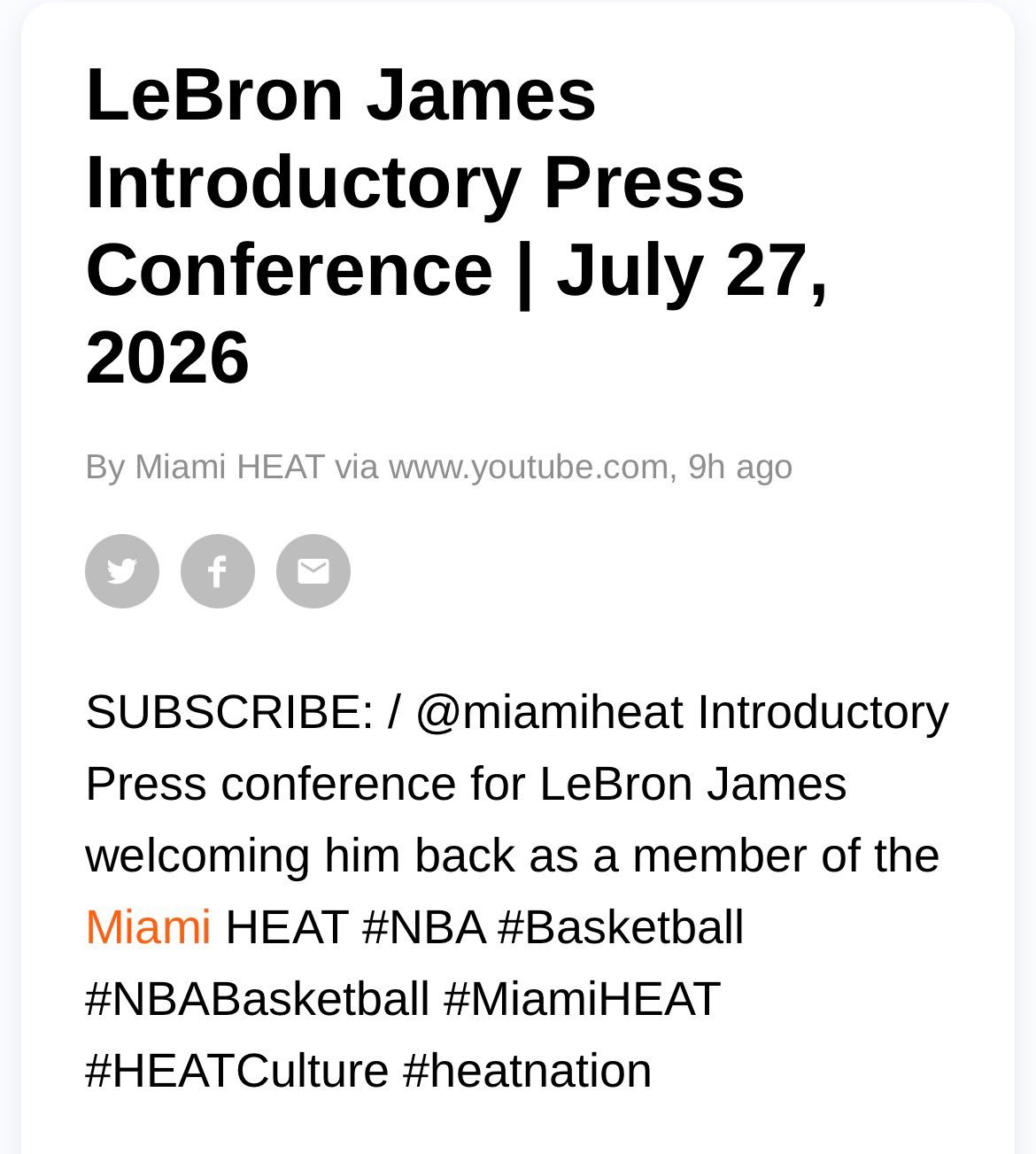 迈阿密热火在油管测试安排了一场詹姆斯回归直播？标题是“miamiheat 为勒布