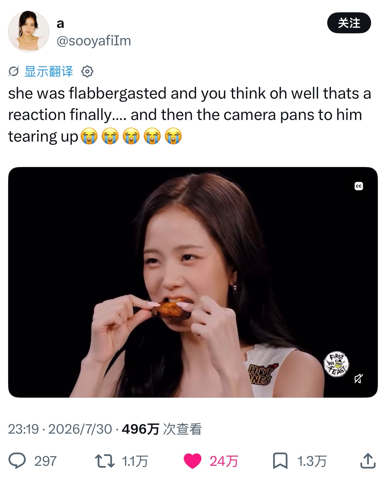 JISOO 做客Hot Ones节目一片段在X上获得24万点赞，496万播放🔥