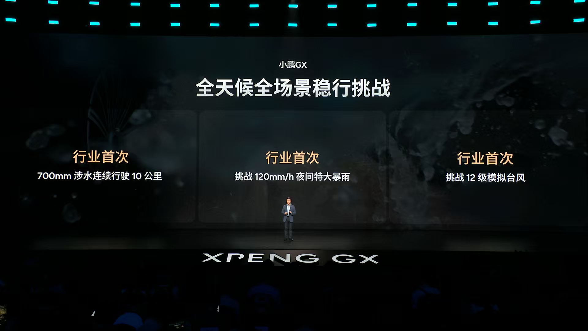 小鹏GX的这几个主动安全的功能很实用一个是挑战的高难度场景，120mm/h特大暴