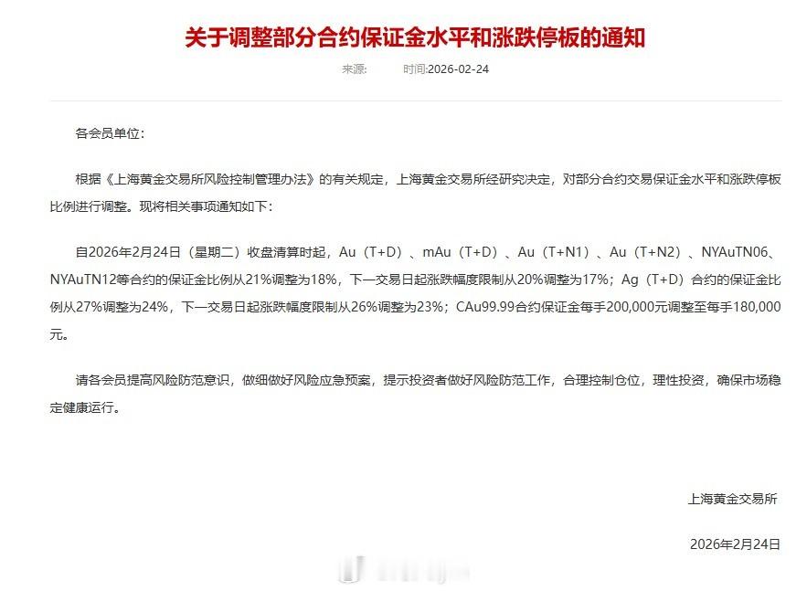 上海黄金交易所公告：自2026年2月24日（星期二）收盘清算时起，Au（T+D）