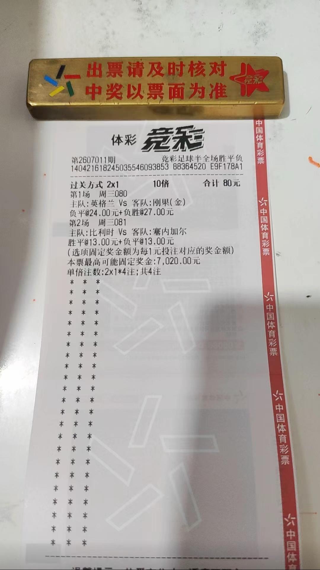 这张票的水平真的是非常的高！80元收获7022元！

第1场英格兰VS刚果金还是