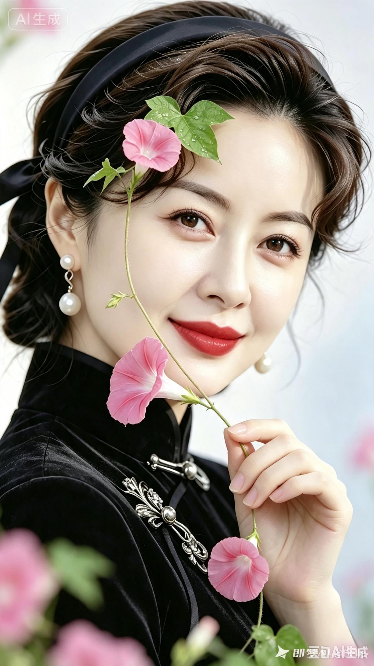 牵牛花畔俏美女
乌丝发带挽云鬟，
莹润耳珠垂两边。
身穿旗袍形样端，
手拈牵牛枝