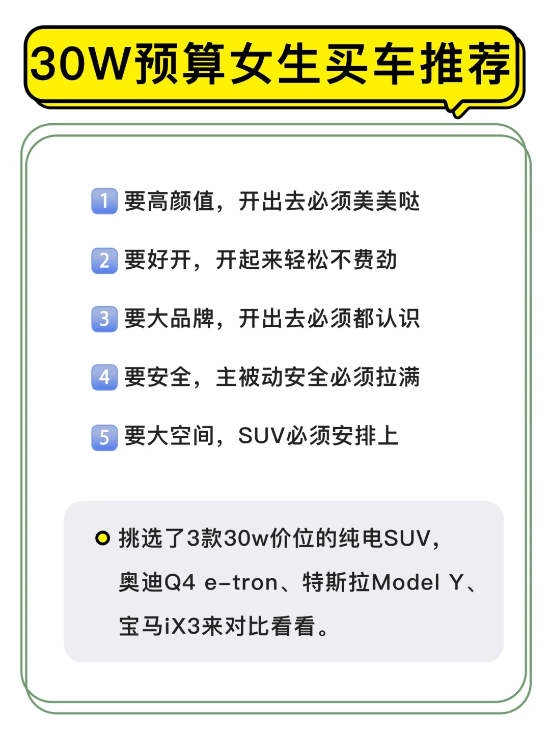 30万预算纯电SUV女生买车怎么选❓