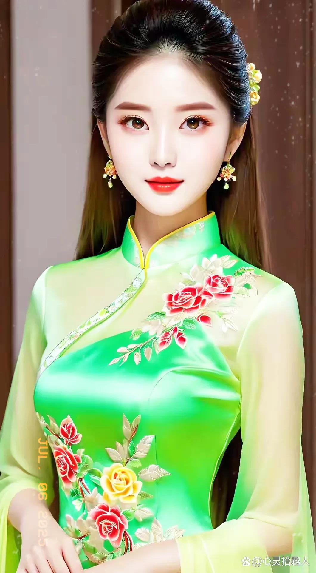 惊艳的东方美人，绿意盎然的旗袍，绽放的花朵，尽显优雅与美丽。
