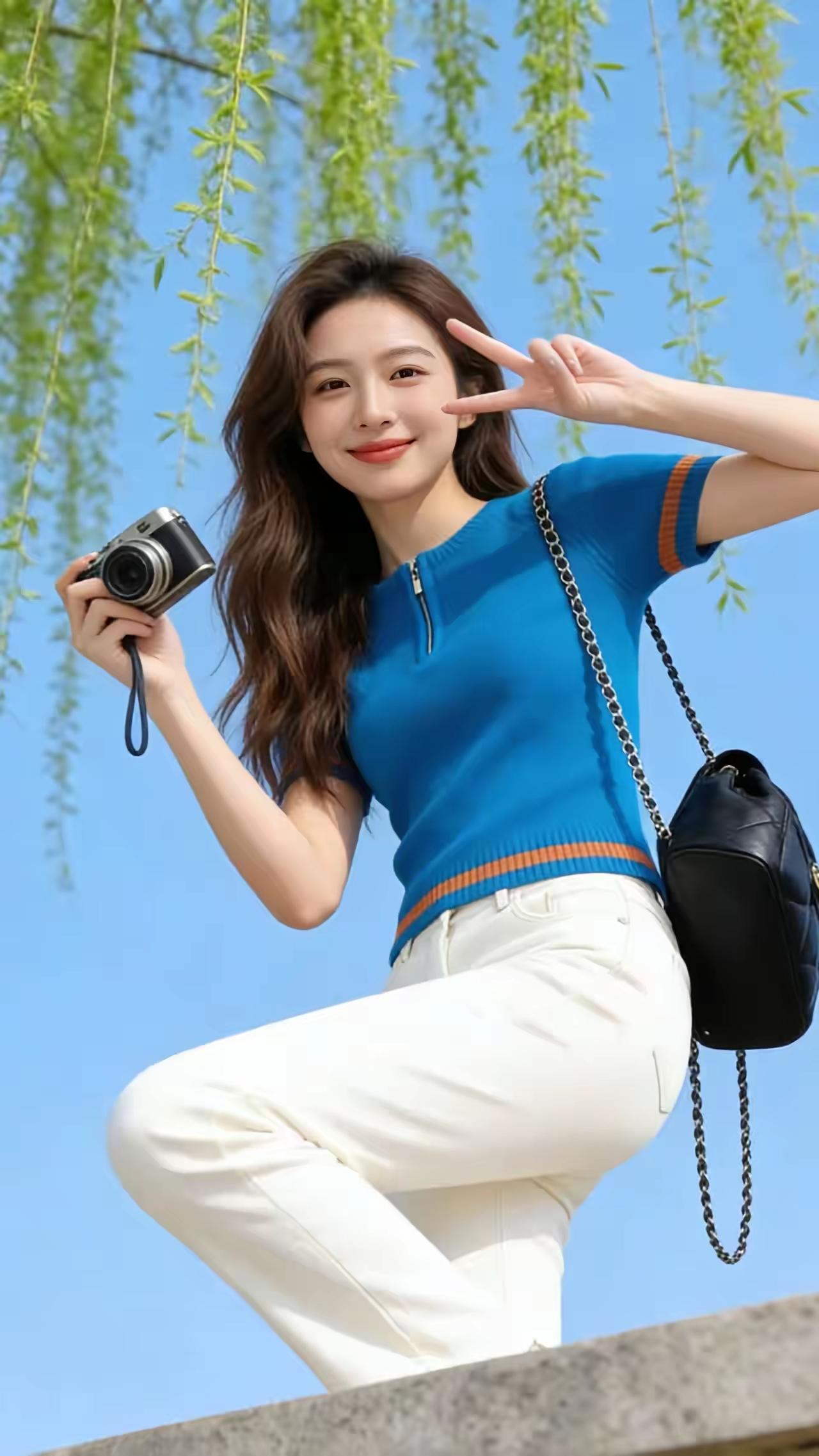 阳光明媚的日子里，杨柳抽出青枝，一切都生机勃勃。少女手持相机，脸上挂着灿烂的微笑