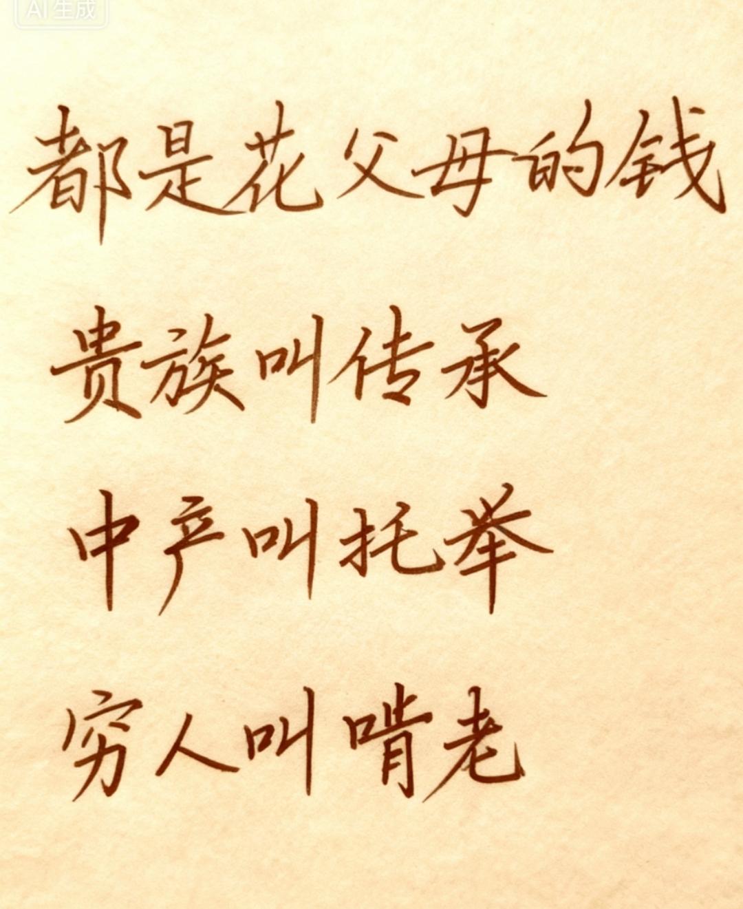 为啥都是花父母的钱
贵族叫传承
中产叫托举
穷人叫啃老？

重点在于钱多钱少，贵