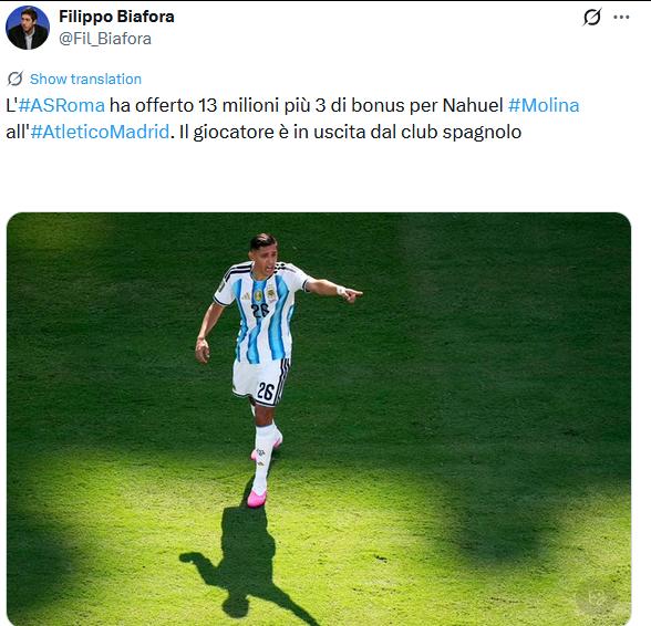 Biafora：罗马为莫利纳开出1300万+300万奖金的报价，球员将离开马德里