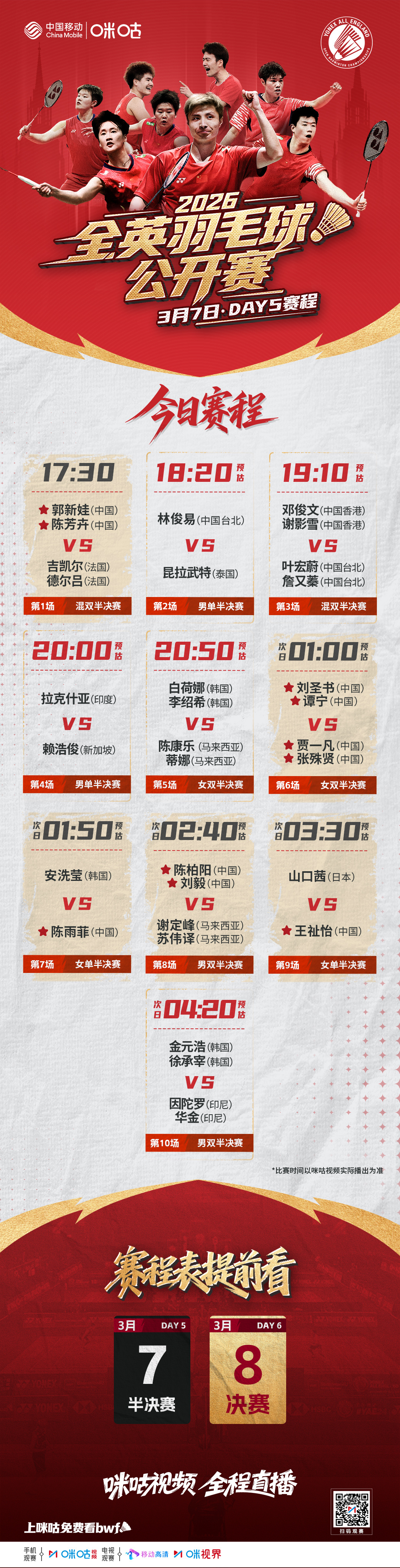 2026全英羽毛球公开赛📖Day5️⃣半决赛赛程🇨🇳次日1:00圣坛VS凡