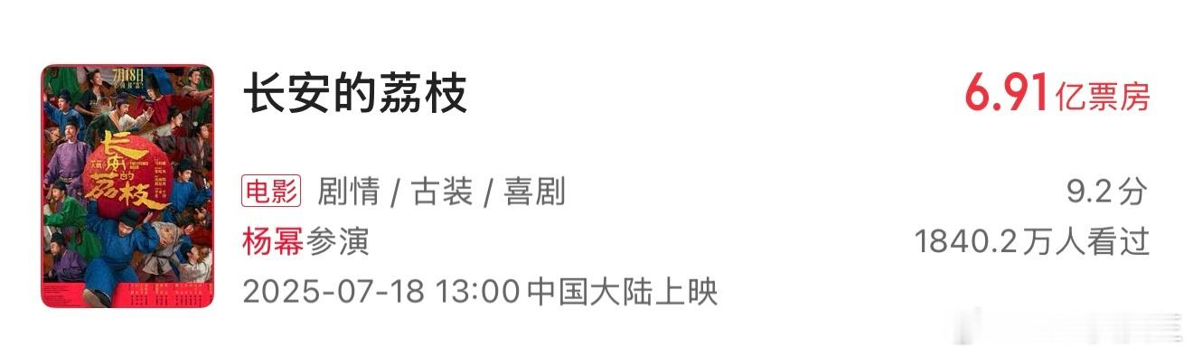 来看看杨幂今年的影视剧表现。电影方面：《长安的荔枝》票房6.91亿，女配，喜剧。