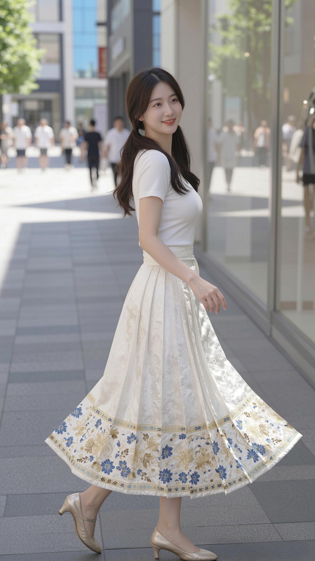 这组照片里的少女，将国风马面裙与现代感完美融合，清新又灵动。
她上身穿着简约的白