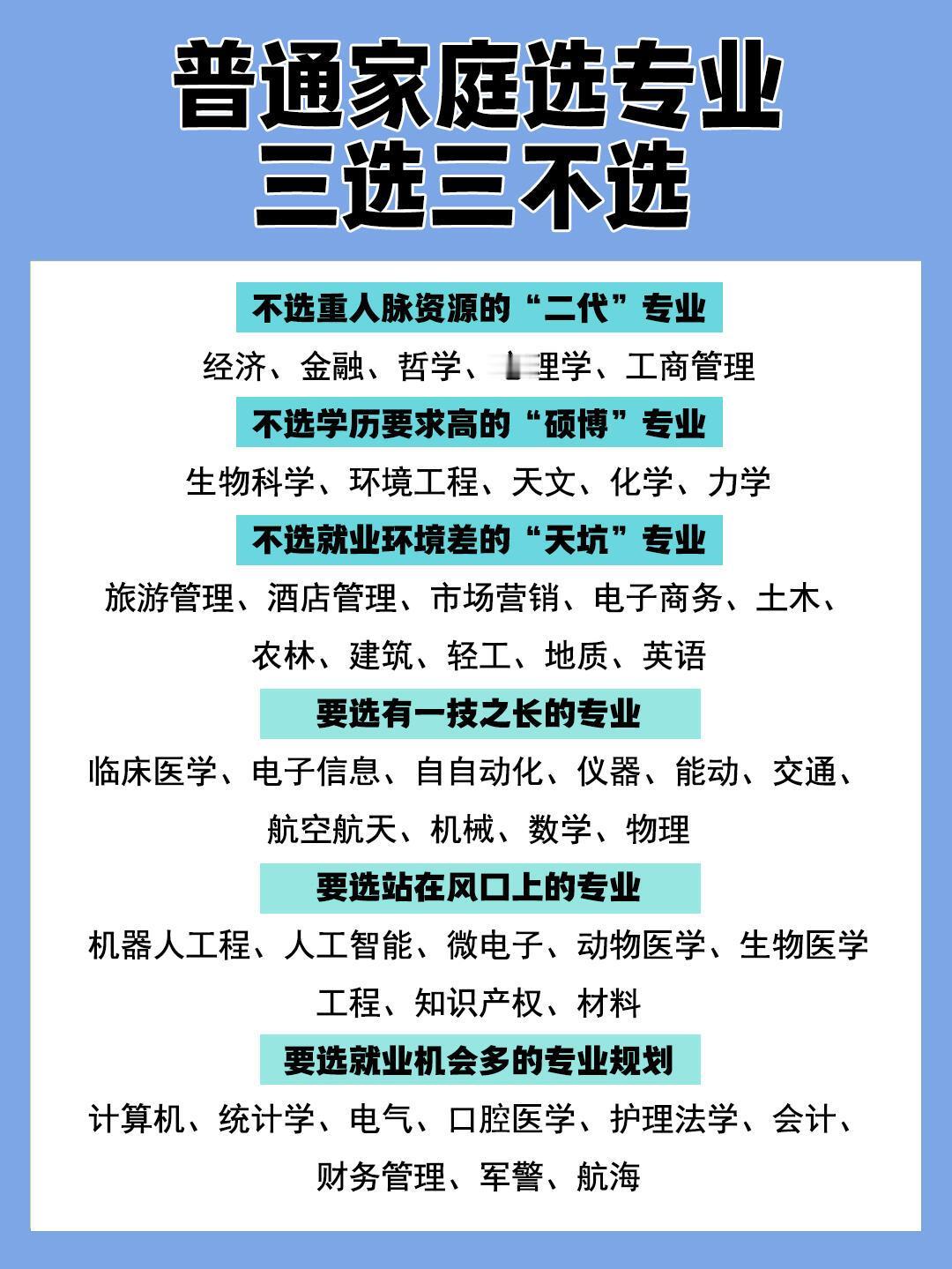 普通家庭选大学专业必看：三选三不选
高考前懂大学专业，有这 4 个核心好处 1.