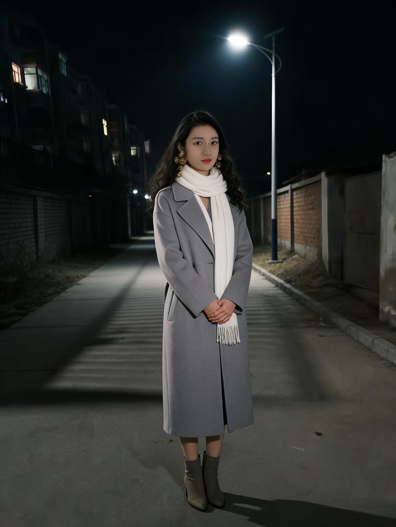 夜色吞长陌，华灯照浅霜。
佳人临巷立，衣袂带寒香。
黛眼凝星斗，朱唇映月光。
行