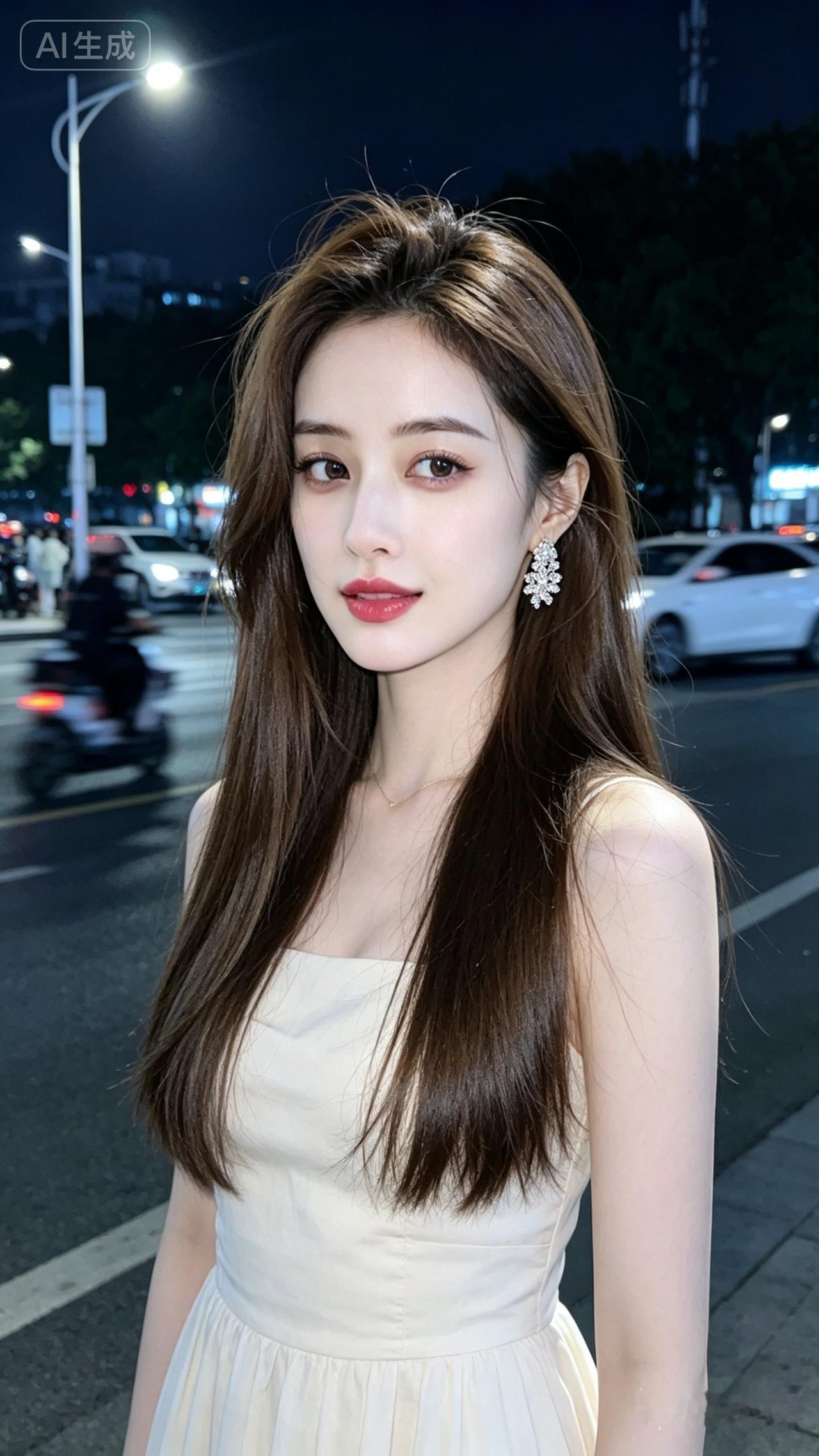 夜晚街头的温柔少女，白色连衣裙与耳饰相得益彰，尽显优雅气质。