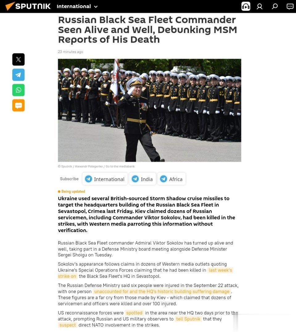 俄罗斯黑海舰队司令被认为活得好好的，驳斥了主流媒体关于他死亡的报道Being u