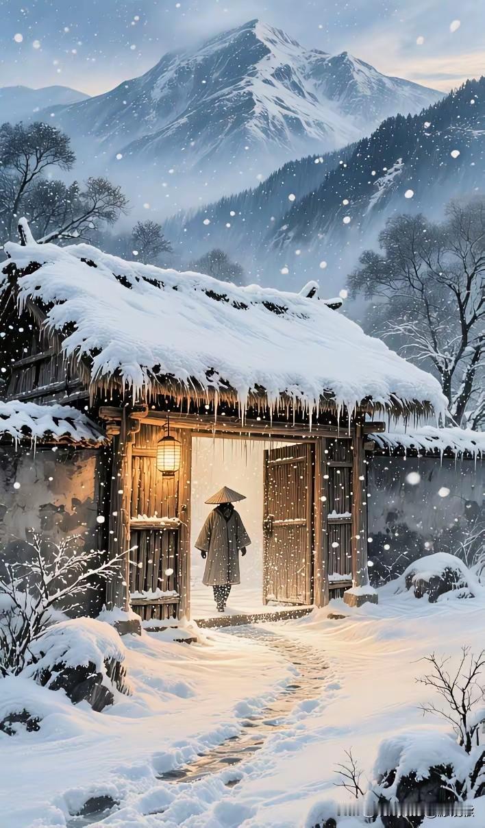 千山覆白径踪灭
灯笼提暖半檐雪
柴门忽开声如裂
老妇急切盼儿归