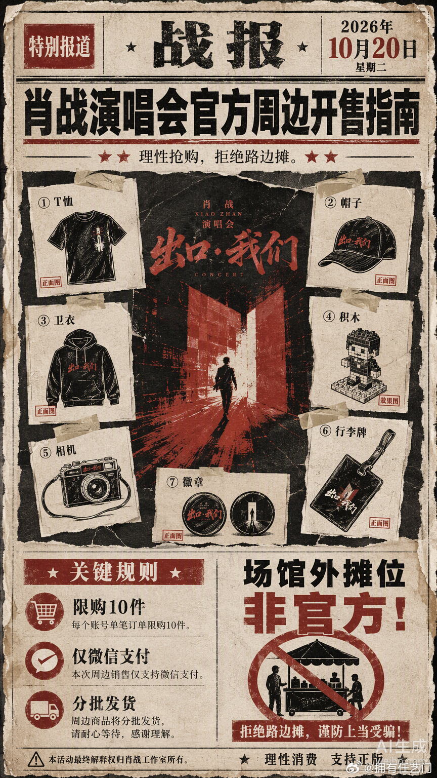 今天10:05，肖战「出口·我们」巡回演唱会官方周边在QQ音乐扑淘商城正式开售。