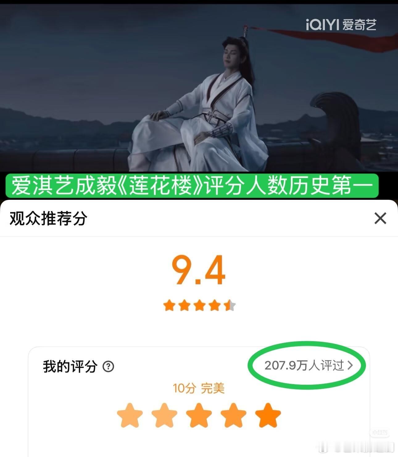 成毅《莲花楼》207.9万评分9.4分，208万评分就变成了9.3分 