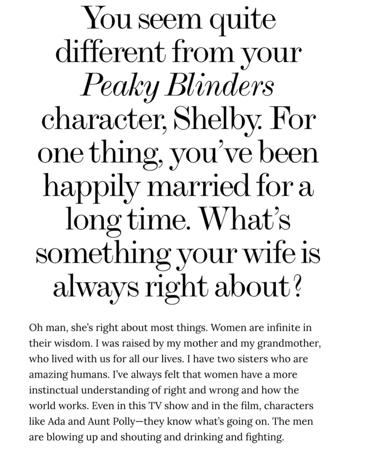 基里安·墨菲被问到“哪件事上老婆永远是对的”：她在大多数事情上都是对的，女性拥有