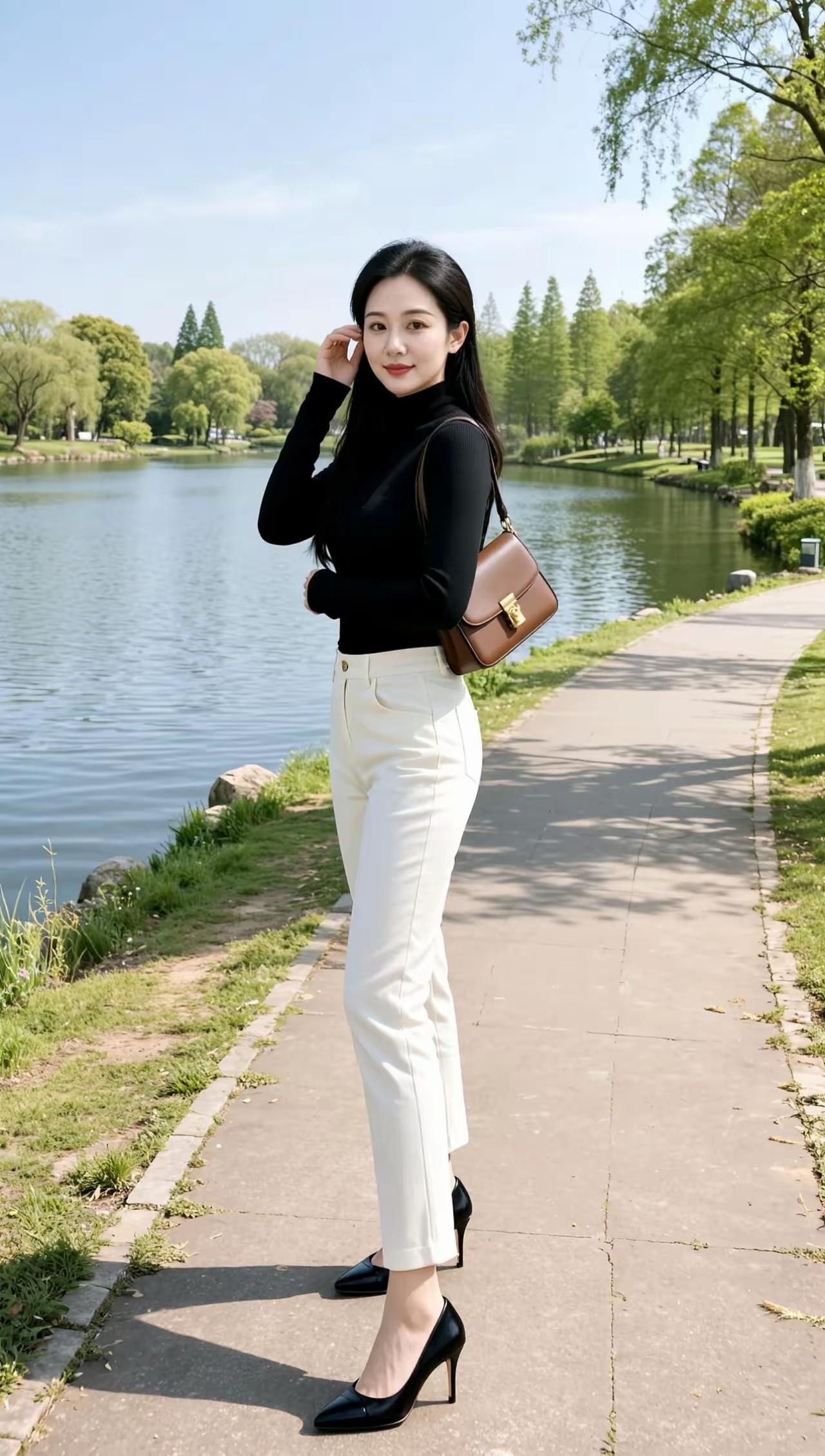 优雅漫步在湖畔，黑白配穿搭尽显时尚魅力！