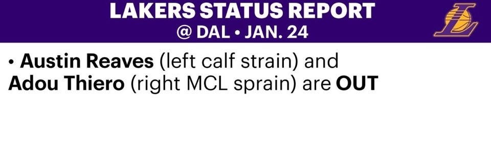 湖人的伤病名单没有变化，依然是里夫斯和蒂耶罗。根据此前雷迪克的采访，小里可能会在