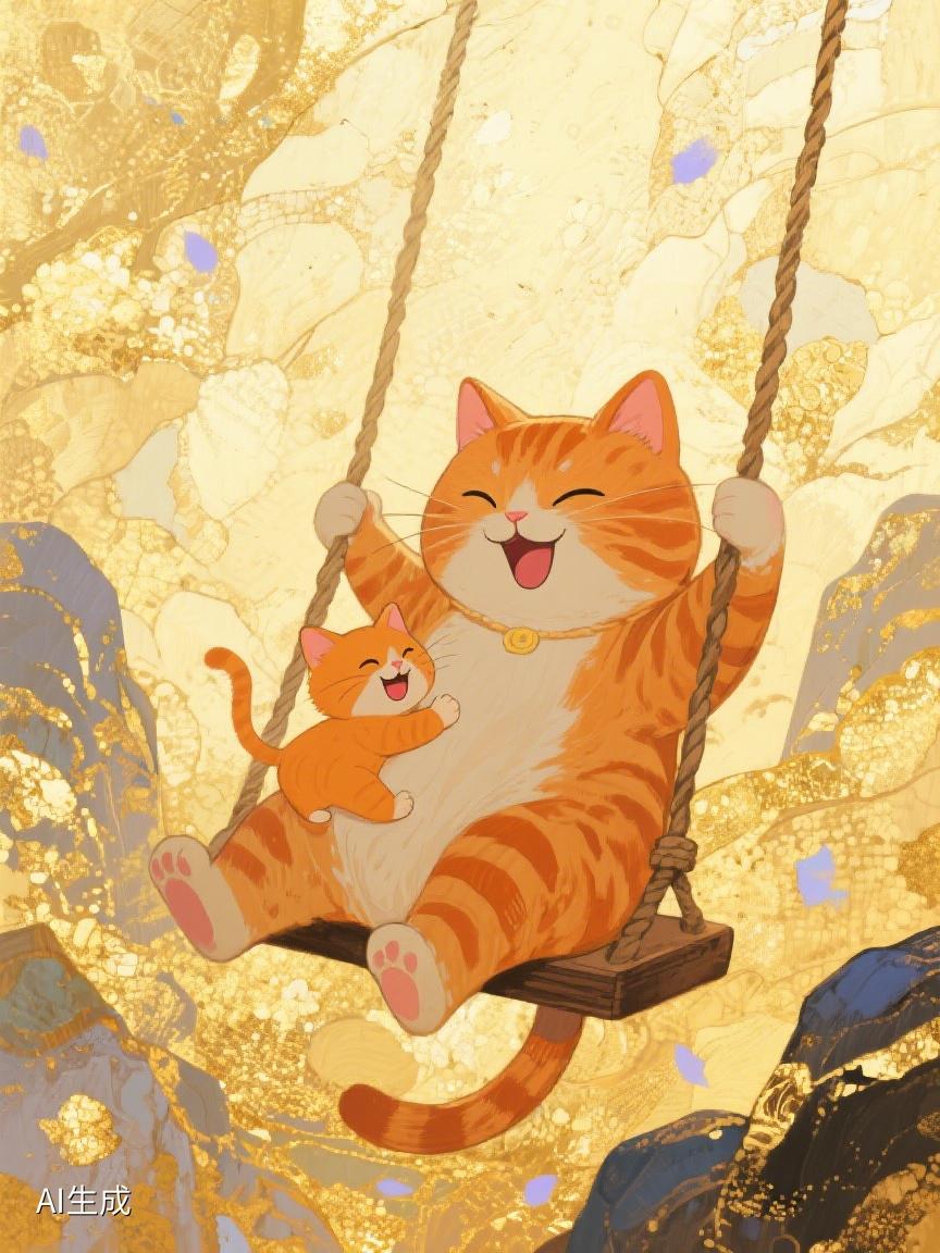 AI妙生图大猫与小猫同荡秋千，在欢笑里，似悟得岁月里简单的幸福真谛🎈