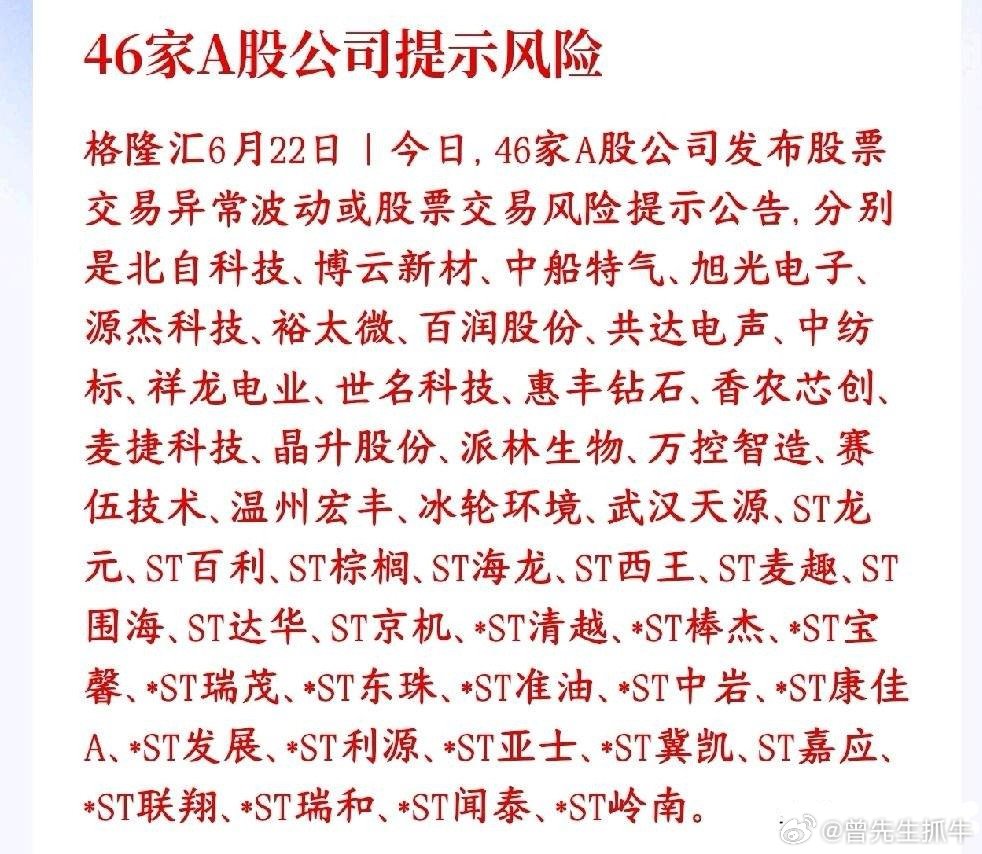 A股46家股票集体提示风险，甚至被关，小黑屋，有这些股票的投资者今天难受了6月2