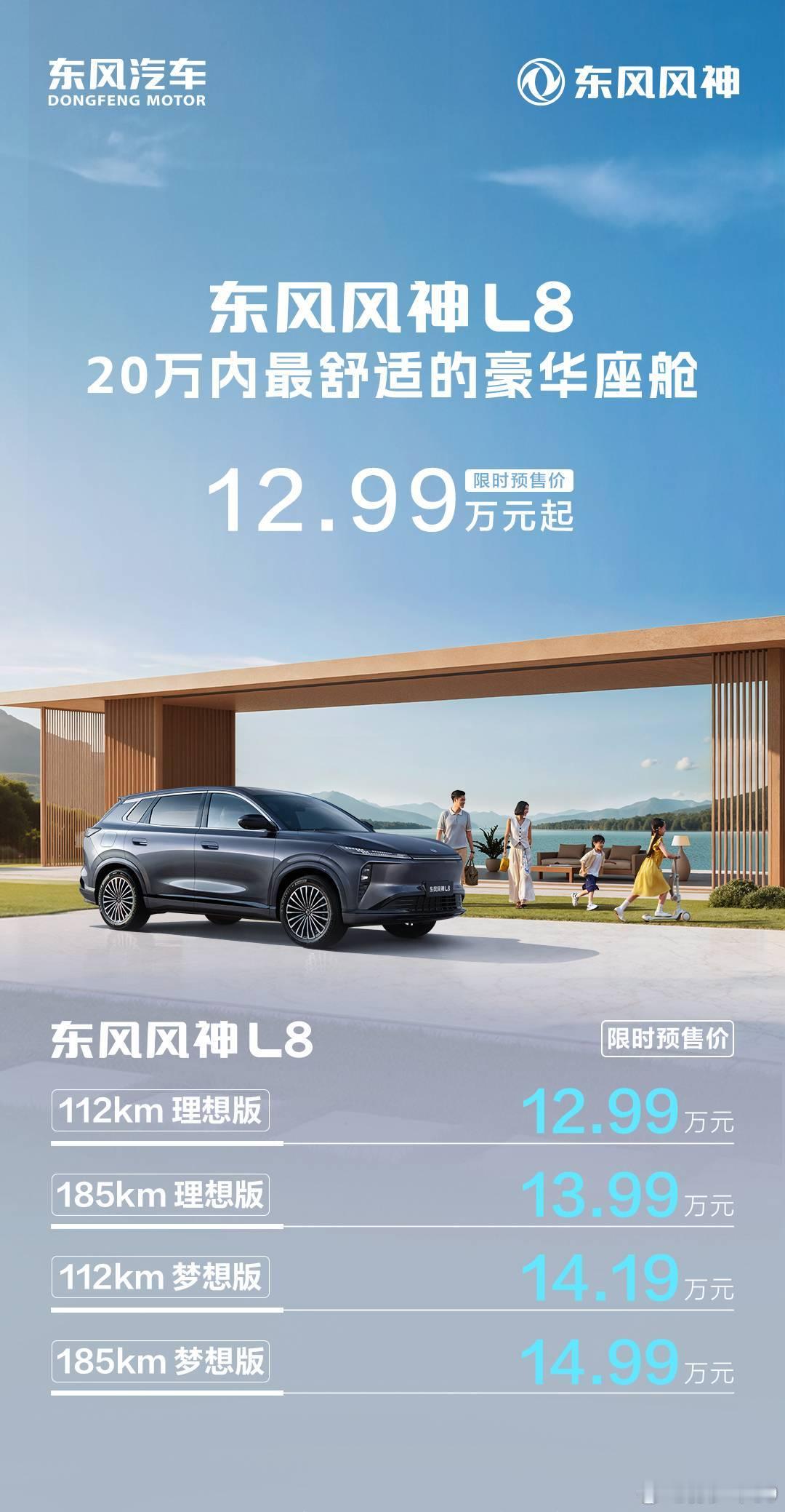 东风风神L8限时预售12.99万起L7完成风神的新能源转型，每个月维持在3000