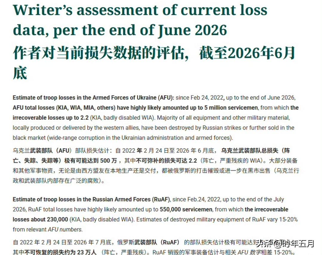 一家芬兰媒体给出的俄乌双方阵亡估计，有理有据。

乌克兰武装部队总损失（阵亡、失