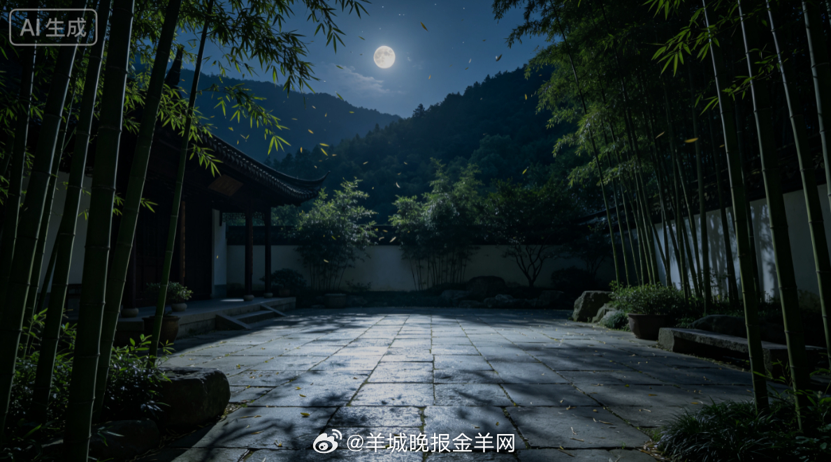 #晚安# 清冷月光铺满幽静的竹院，竹叶随风落下细碎影子，晚风驱散盛夏的燥热，周遭