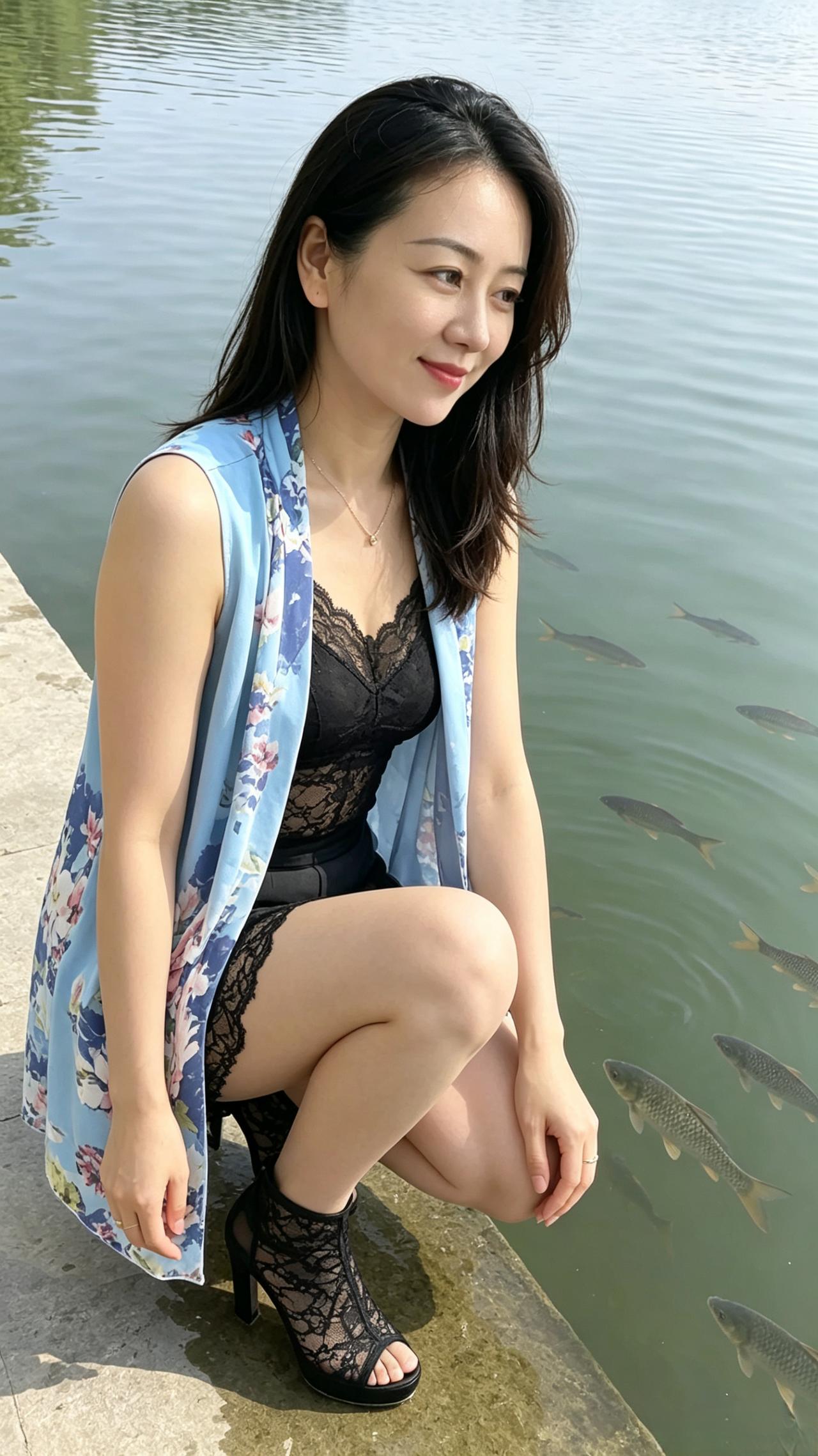 湖水漫着碎光，
你蹲在石边，
蓝花马甲裹着蕾丝的心事。
鱼群游过水面，
你的笑落