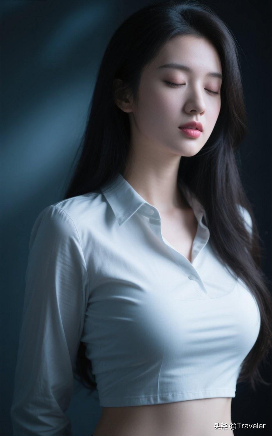 温柔沉静的少女，闭眼沉思的瞬间，白色衬衫的纯净与优雅。