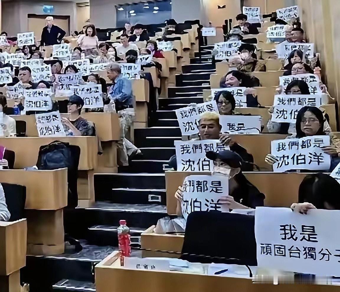 黑熊学院用这种方式来抗议对沈伯洋的侦查。用整个会议室里全部举着“我们都是沈伯洋”