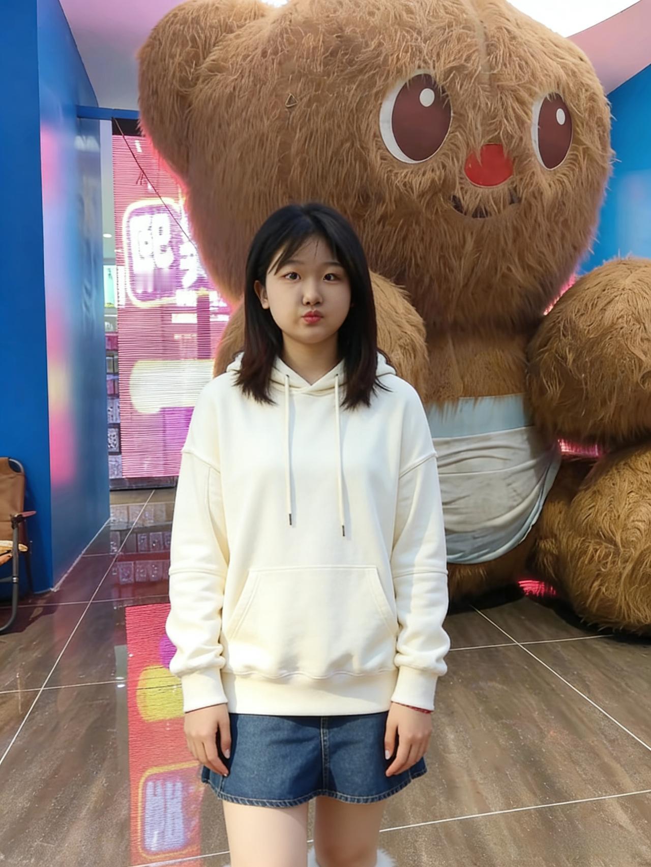 彩壁霓虹映大熊，娇娃立处意融融。
白卫衣轻笼纤影，青布裙微曳软风。
熊眼圆睁含稚