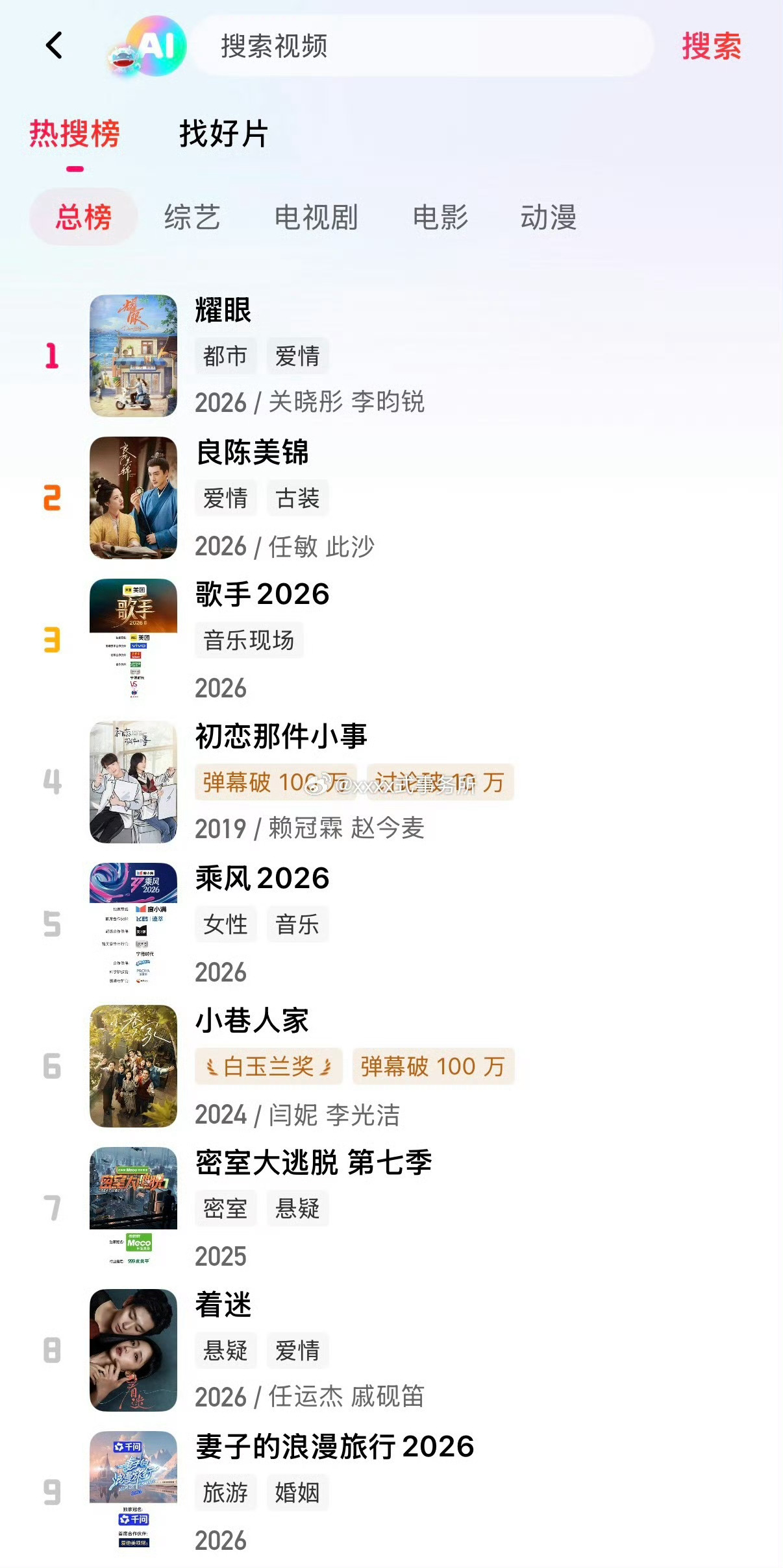 关晓彤 李昀锐耀眼芒果站内热度总榜第一了 