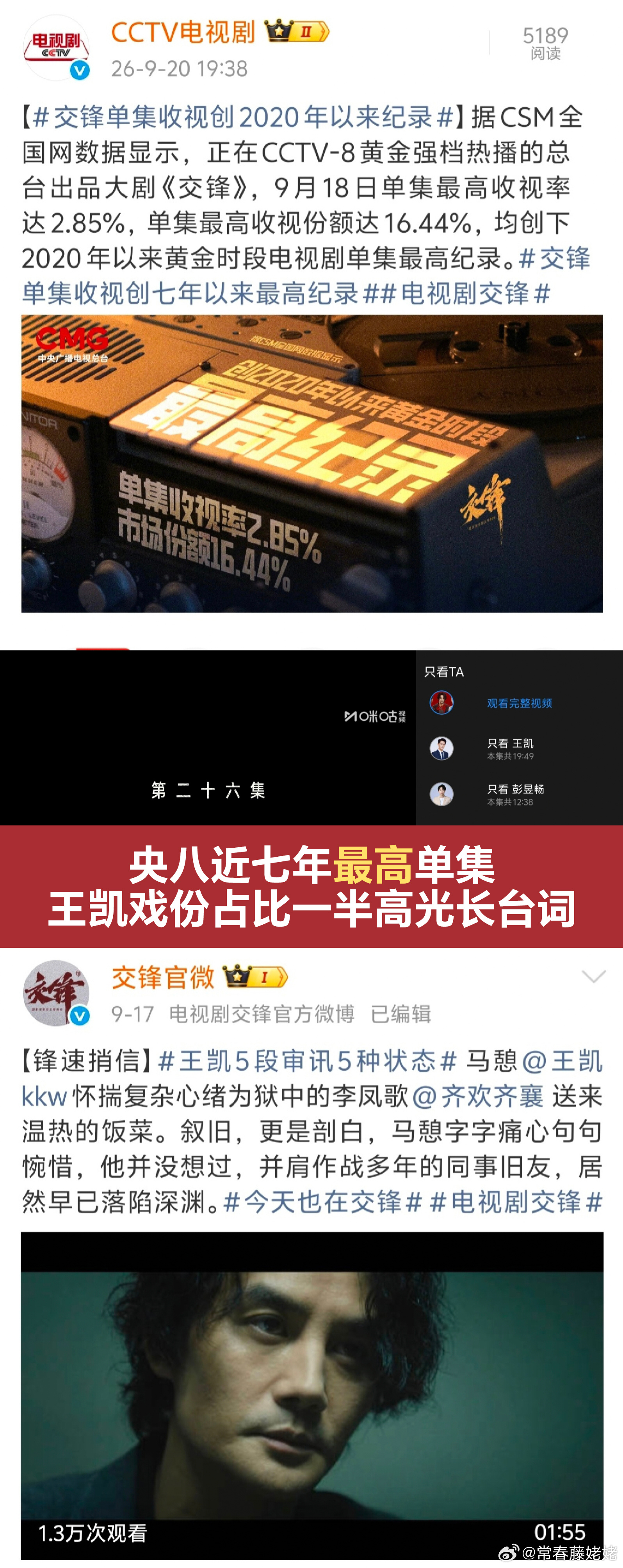 《交锋》王凯戏份一多就破纪录，电视剧观众的偏爱就是这么直接[奶牛猫] ​​​