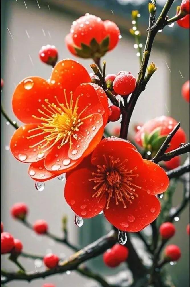 梅花恋雪情最真，
只开严寒不迎春，
瓣瓣皆有相思泪，
——[害羞]——？

上联