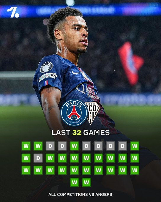 巴黎圣日耳曼对昂热的不败纪录可以追溯到1975年……那可是51年不败 