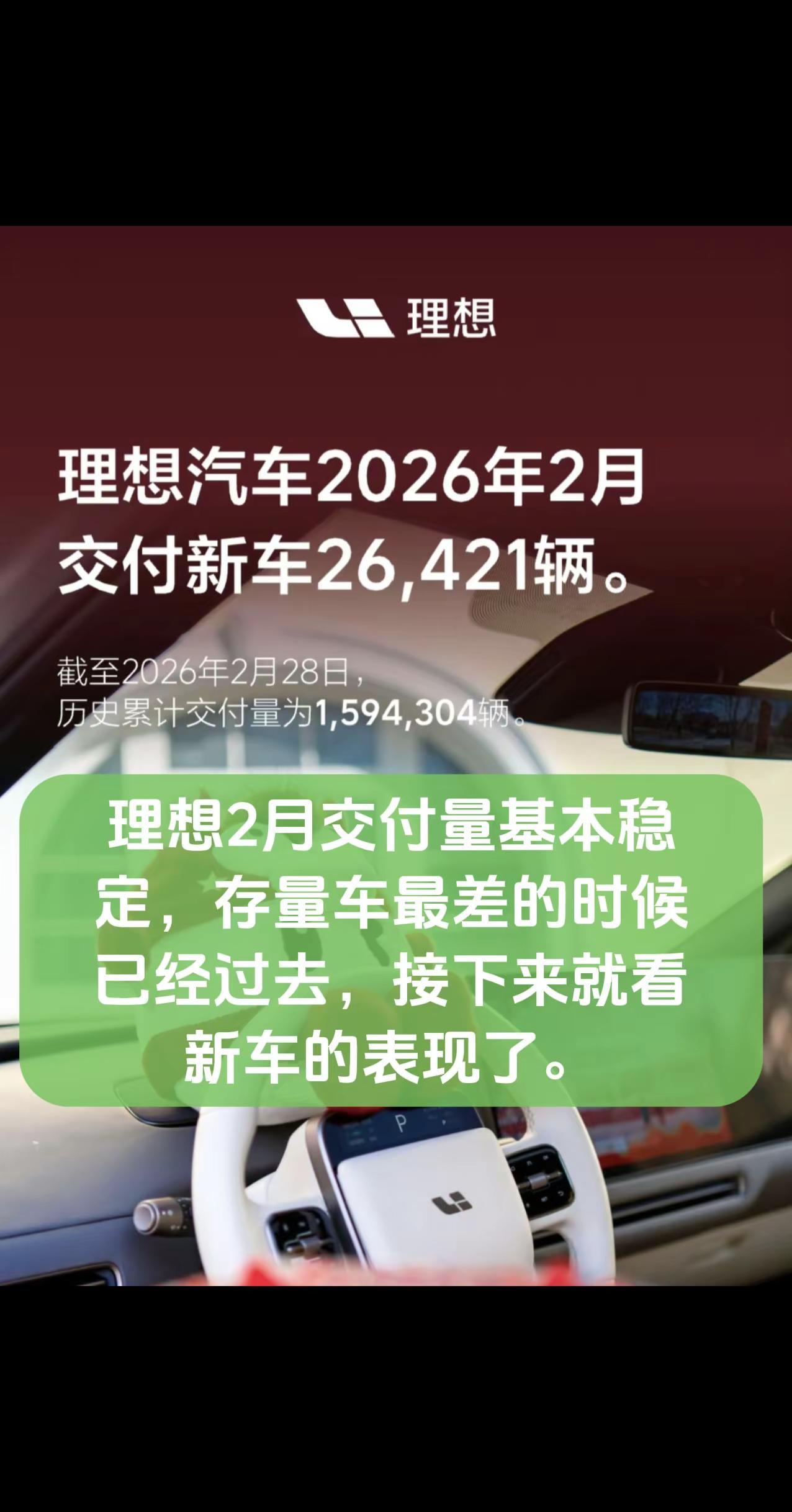 理想2月交付量基本稳定，存量车最差的时候已经过去，接下来就看新车的表现了。