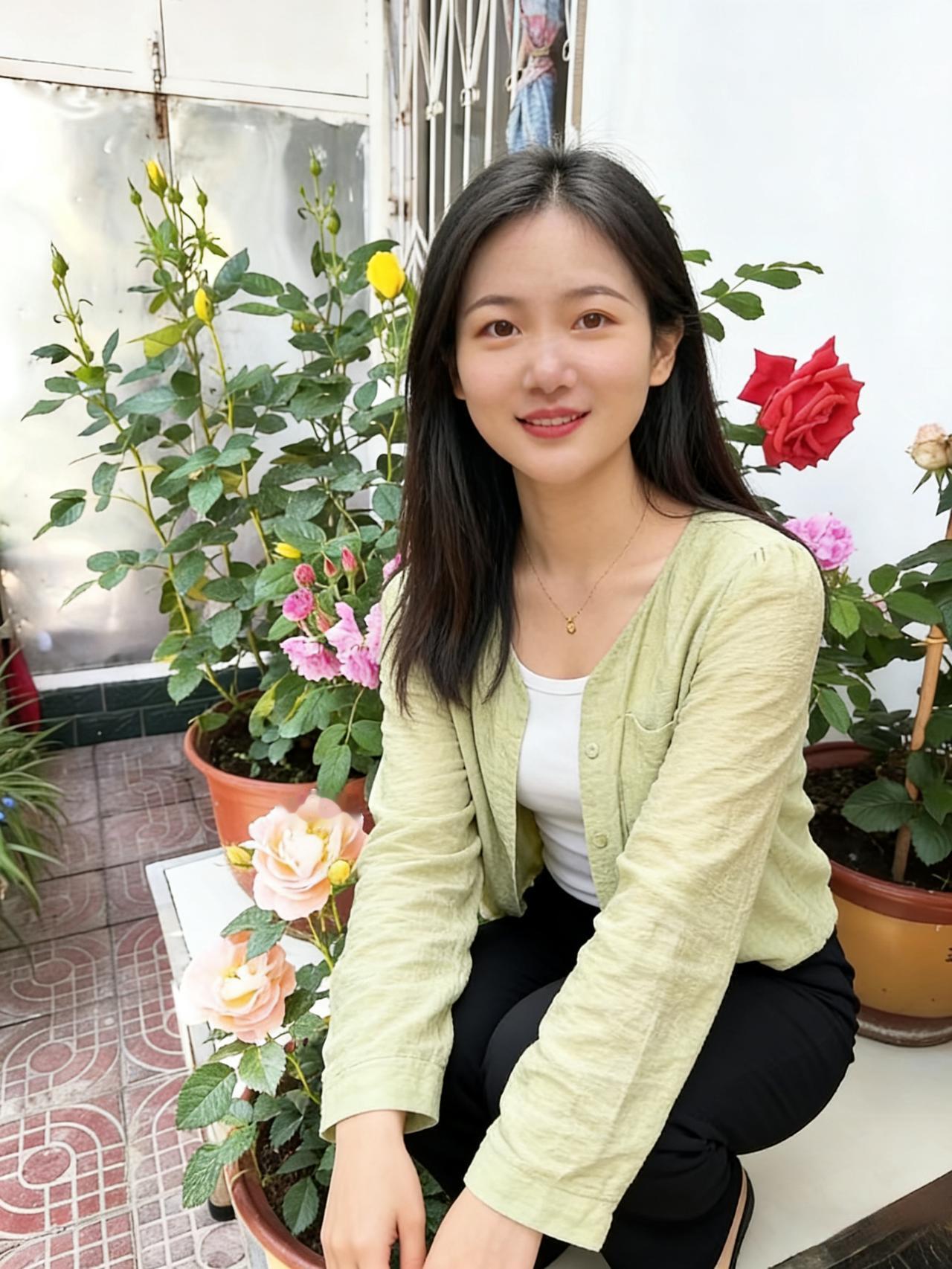 月季开得热烈，红的，粉的，黄的
像打翻了颜料盘，泼在陶盆里
她蹲在花旁，浅绿开衫