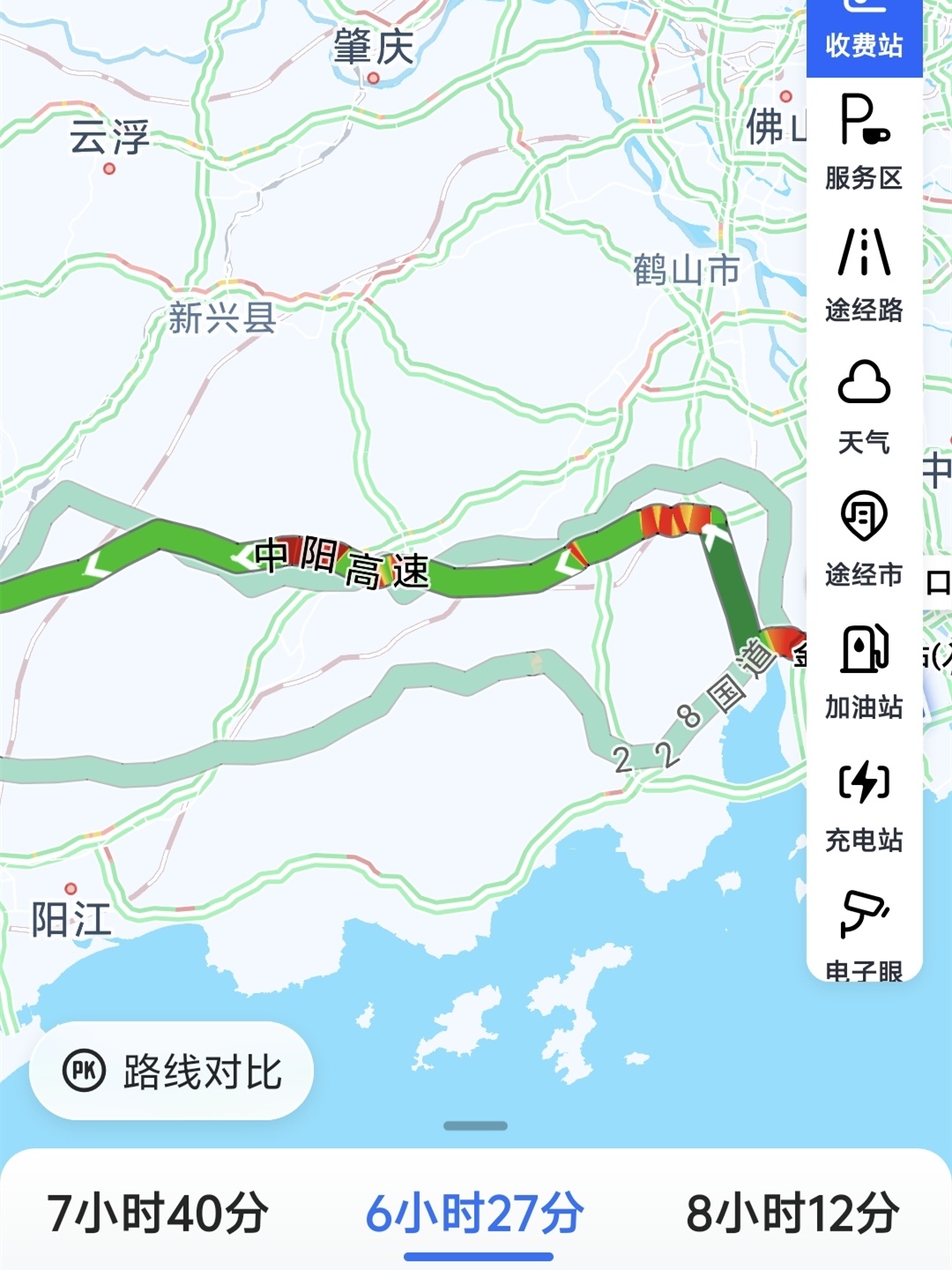 看了下导航，高速公路已经堵车了。我不知道明天什么时间出发回茂名好，真的惆怅！有点