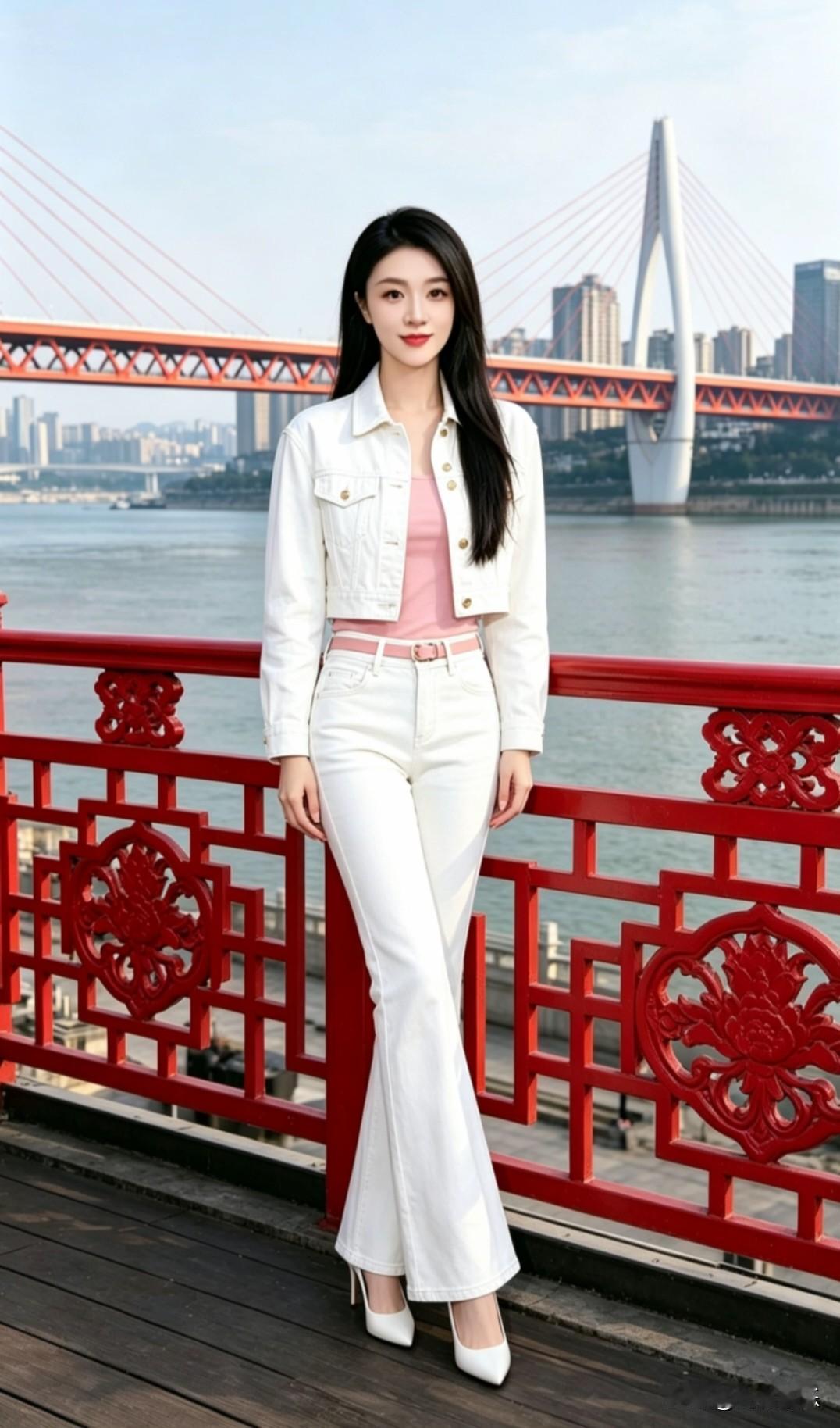桥上美人倚，江边风景长。