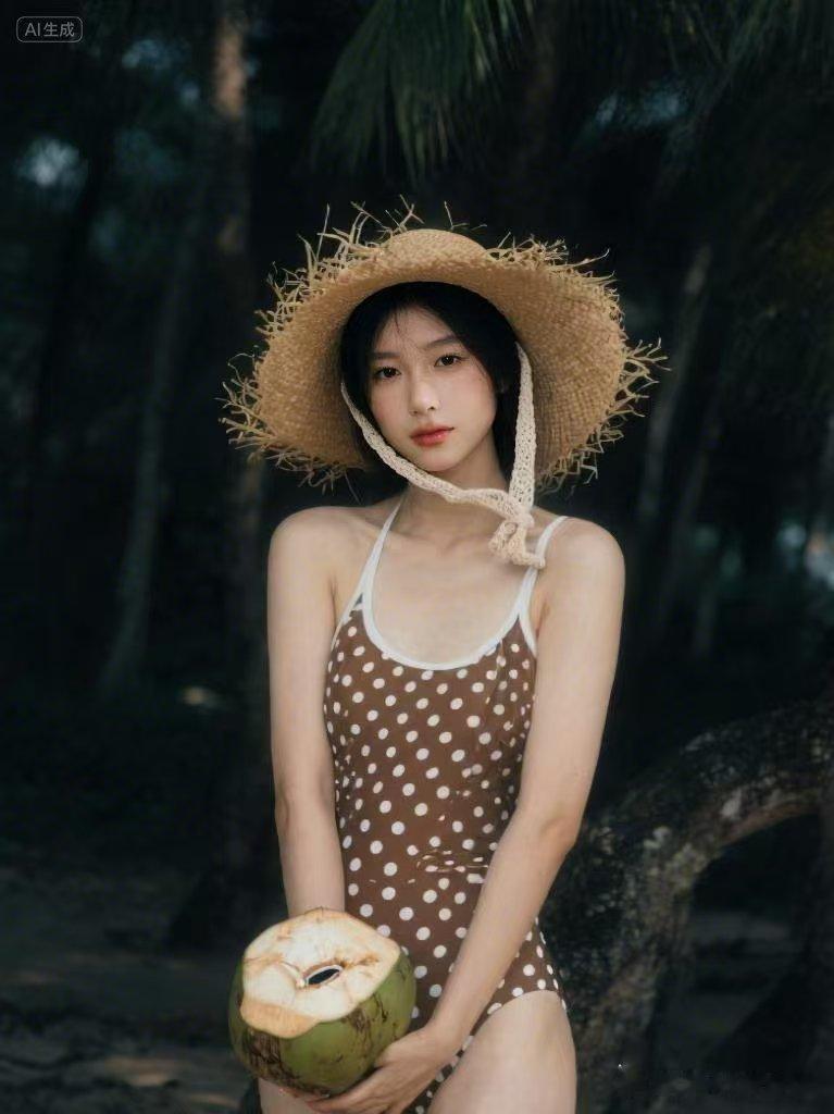 椰林树影下，波点泳衣少女手捧椰子，慵懒夏日风情，治愈系笑容满分。
