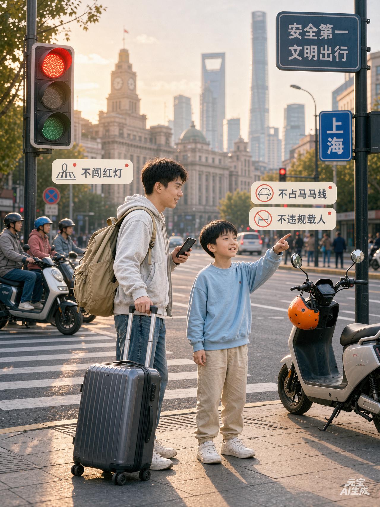 初抵申城，刚放下行李，孩子就笑着给我“约法四章”：有车没车，绝不闯红灯；斑马线上