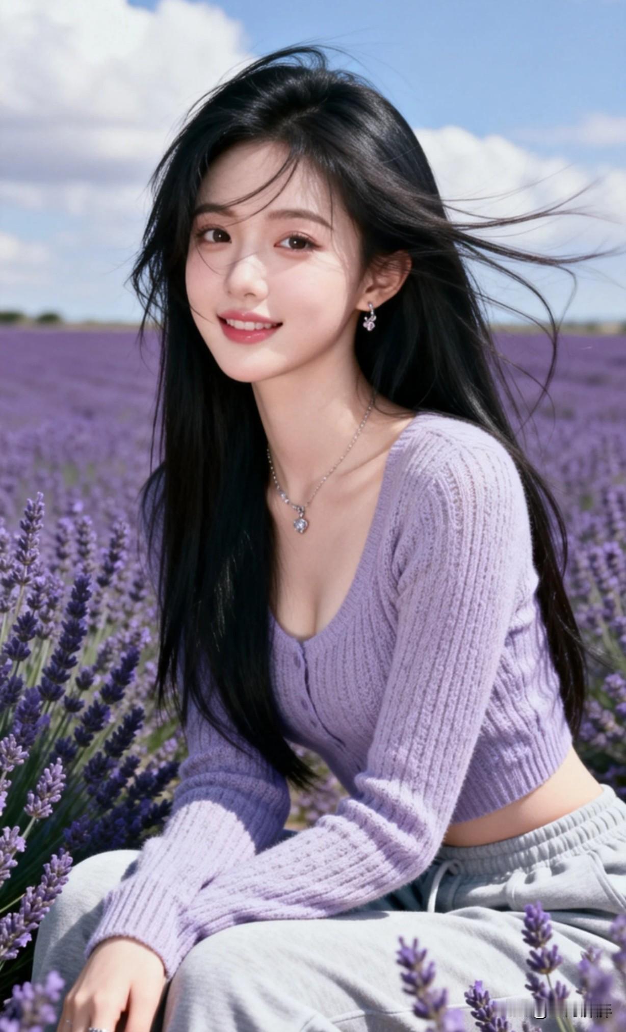 在薰衣草田里，甜美少女与自然相伴，这样的女孩漂亮吗？