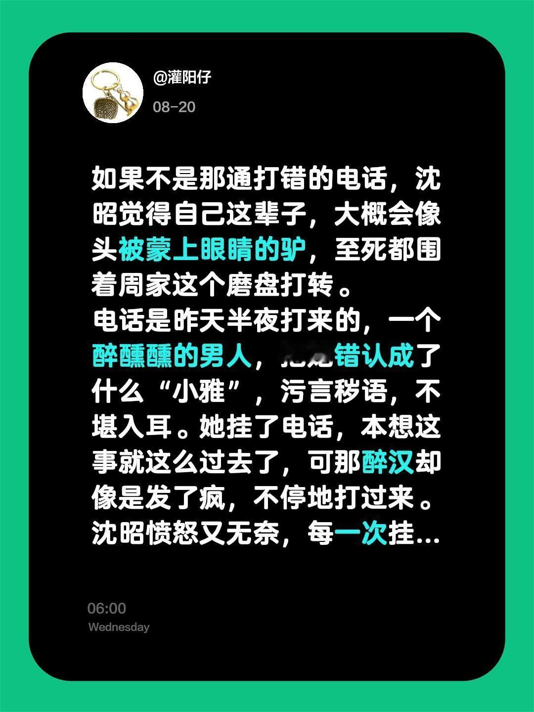如果不是那通打错的电话，沈昭觉得自己这辈子，大概会像头被蒙上眼睛的驴，至死都围着