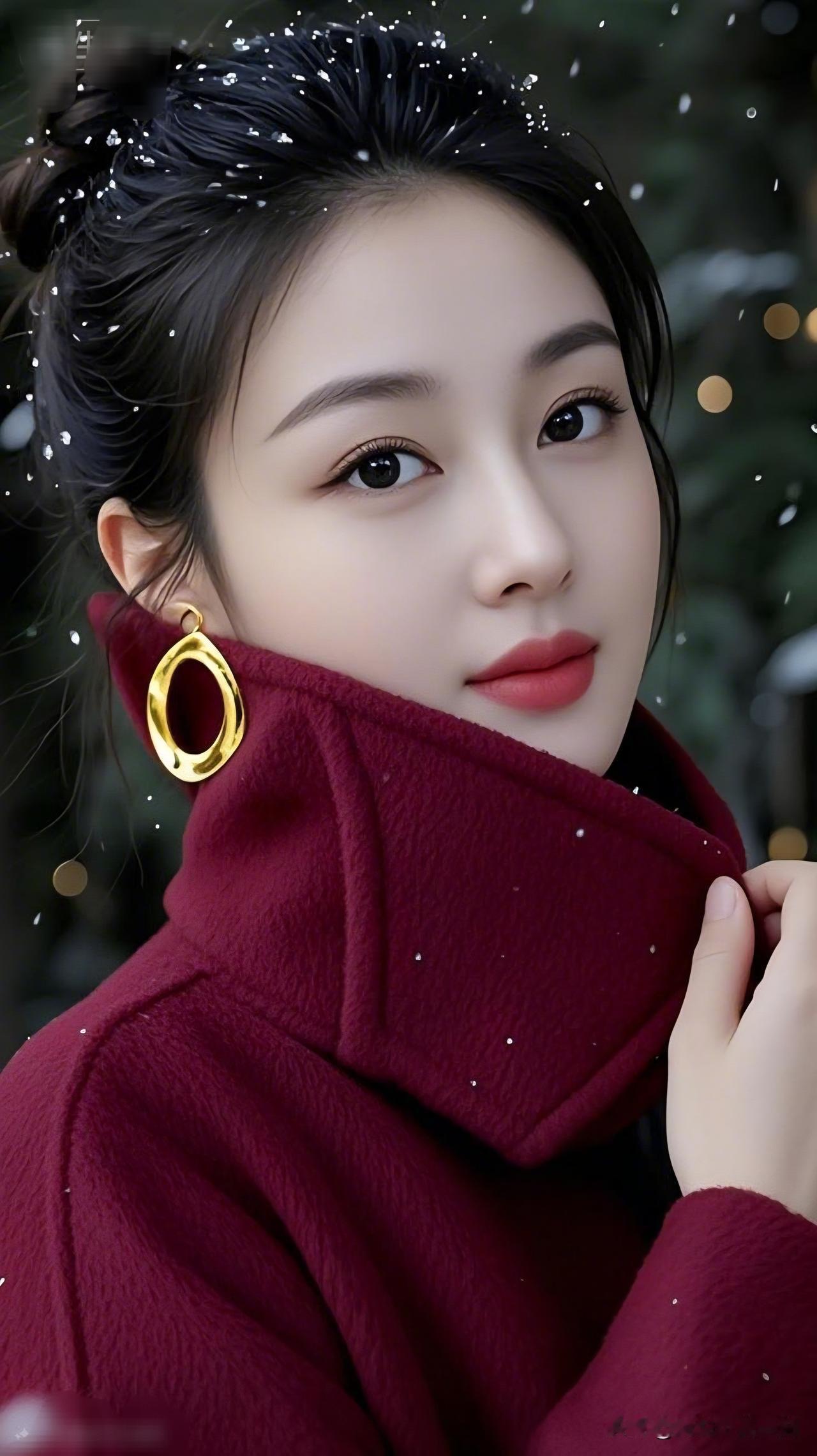 雪中红衣美人，金环映玉颜。什么样的美人算是东方美人 冬日暖阳下，红衣少女与金环耳